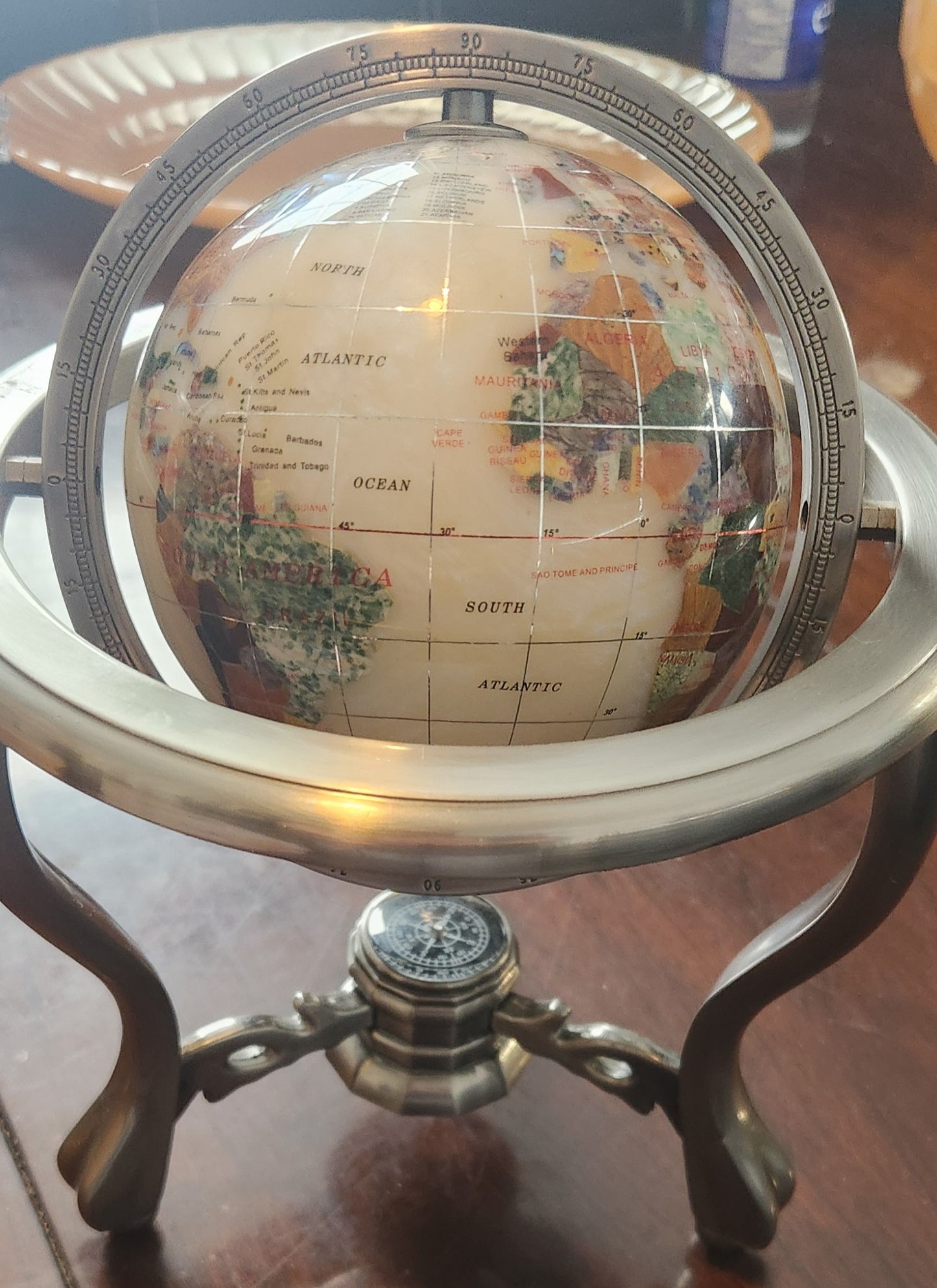 Precious Stones Globe in Stand with Compass